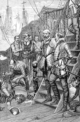 Spaniards on ship - Sir Richards Grenville's Last Fight  from an 1886 antique book \