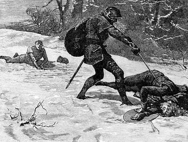 Medieval Knight Kills man with Sword in snow