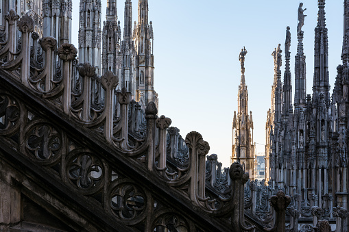 Detail Spires of Duomo Cathedral in Milan, Italy Gothic Architecture Closeup Travel Destination Famous