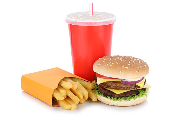 istock Double cheeseburger hamburger and fries menu meal drink isolated 636944260