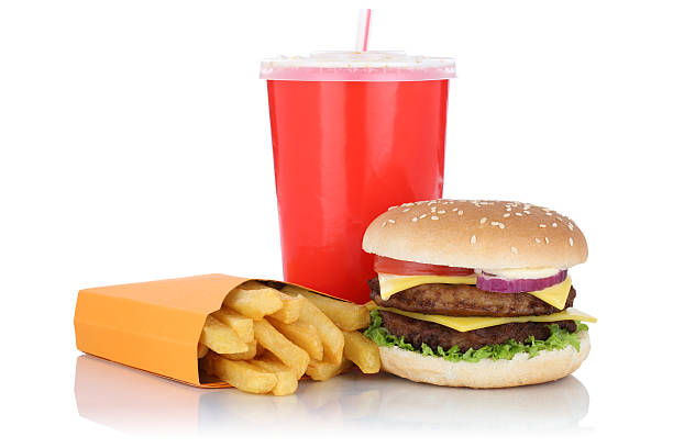 istock Double cheeseburger hamburger and fries menu meal combo fast food 636944444