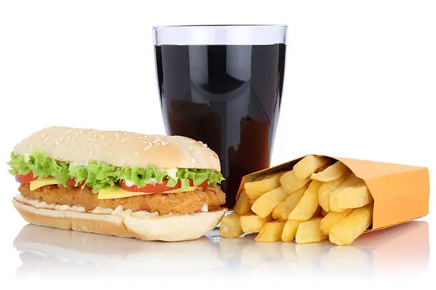 Chickenburger chicken burger hamburger and fries menu meal combo cola drink isolated on a white background