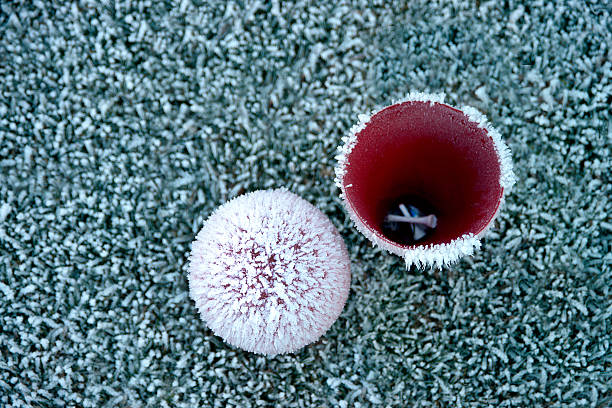 Frozen red tee mark on golf course stock photo