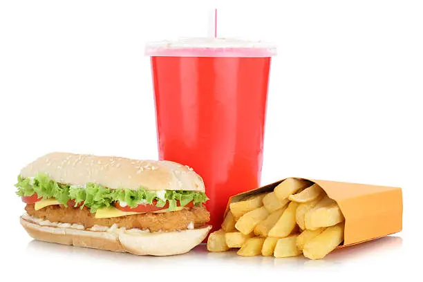 Chickenburger chicken burger hamburger and fries menu meal combo drink isolated on a white background