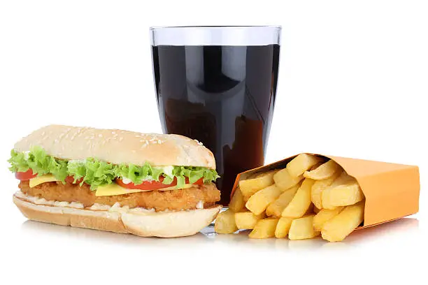 Chickenburger chicken burger hamburger and french fries menu meal cola drink isolated on a white background