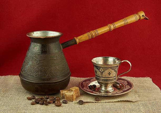 istock Still life with pots, metal cup of coffee 636946090