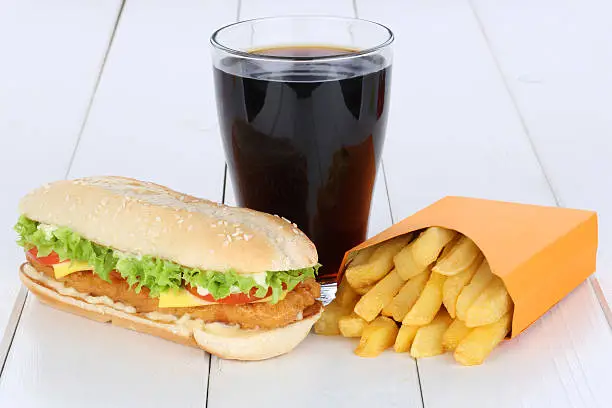 Chickenburger chicken burger hamburger and fries menu meal combo cola drink