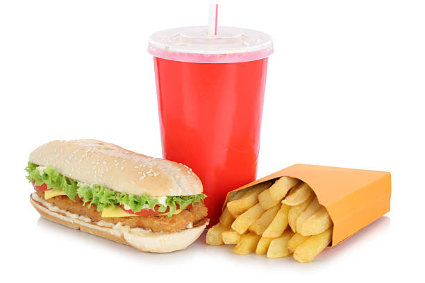 istock Chickenburger chicken burger hamburger and fries menu meal drink 636946576