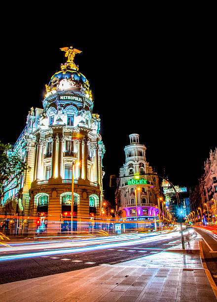 Night view of the street Grand Via in Madrid stock photo