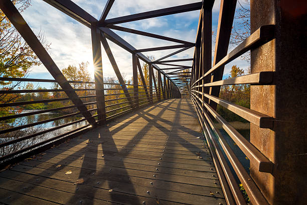 istock Foot bridge crosses a river on an autumn morning 636947566