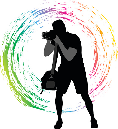 Silhouette illustration of a guy taking pictures with a DSLR.  An abstract circle rainbow colored is in the background.