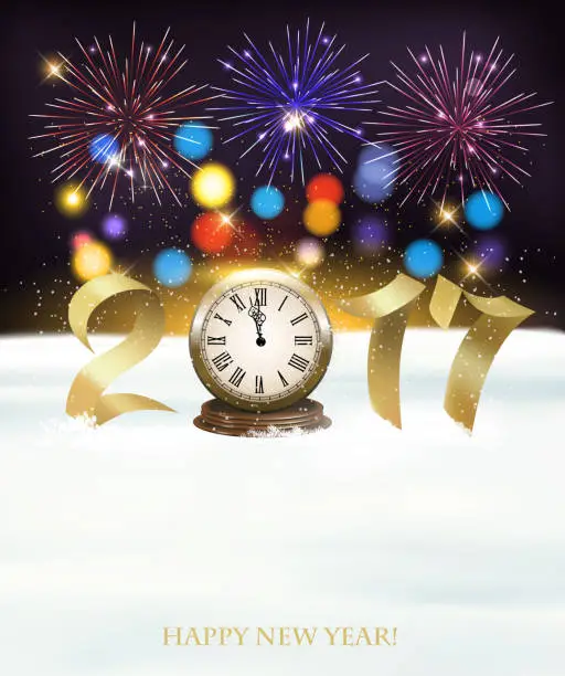 Vector illustration of Holiday New Year background with 2017 and colorful fireworks. Ve