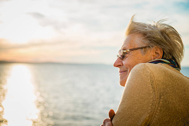Portrait of Happy Senior Caucasian Woman on Ferry, Croatia, Europe stock photo