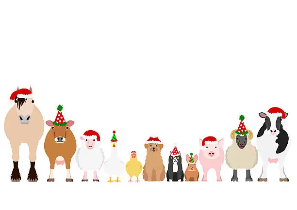 Vector illustration of Christmas farm animals border set
