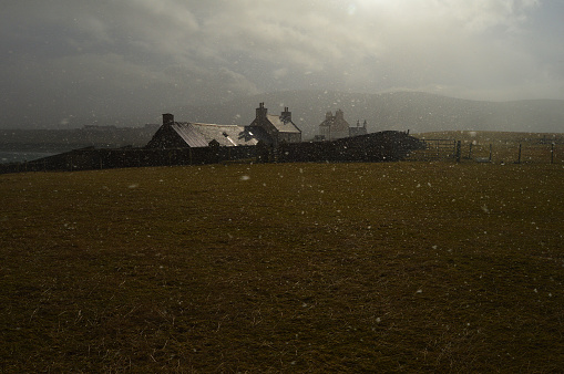 Snowy day and snowflakes on west mainland of Shetland