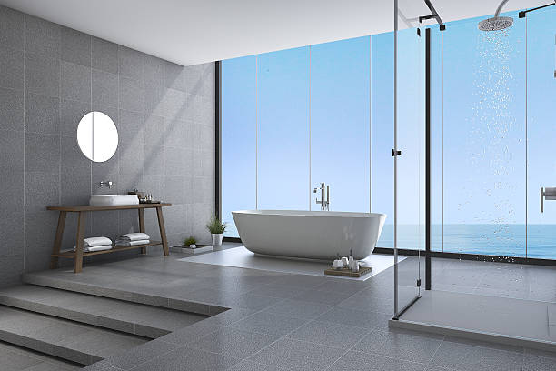 3d renderizado hermosos pasos baño moderno cerca de vista al mar - bathroom shower glass contemporary fotografías e imágenes de stock