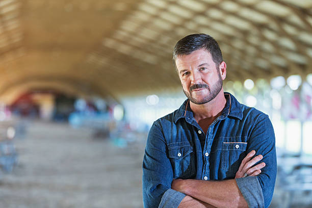 Mature man standing in barn Portrait of a mature man standing in a barn, serious but confident, with his arms folded, looking at the camera. He is a farmer, owner of a small agricultural business. man beard plaid shirt stock pictures, royalty-free photos & images