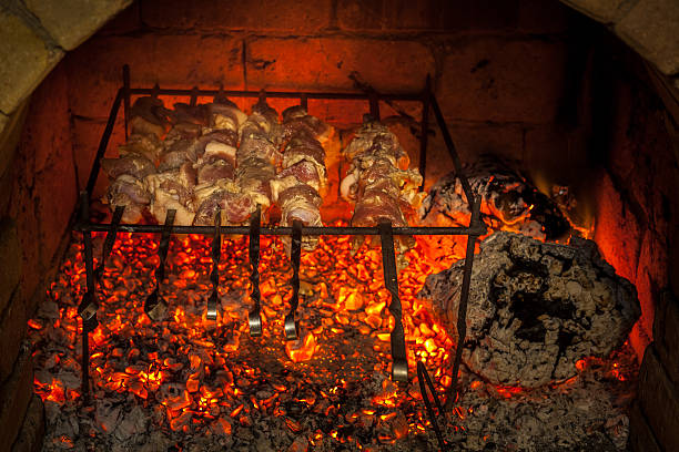 istock Burning fireplace and barbecue pork 636962060