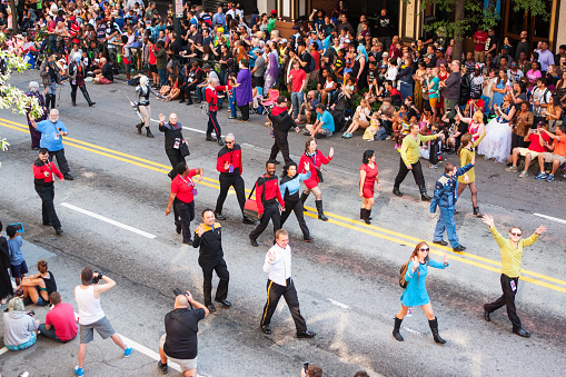 Atlanta, Ga, USA - September 3, 2016:  People dressed in Star Trek costumes wave to the crowd of spectators as they walk in the annual Dragon Con parade on September 3, 2016 in Atlanta, GA.