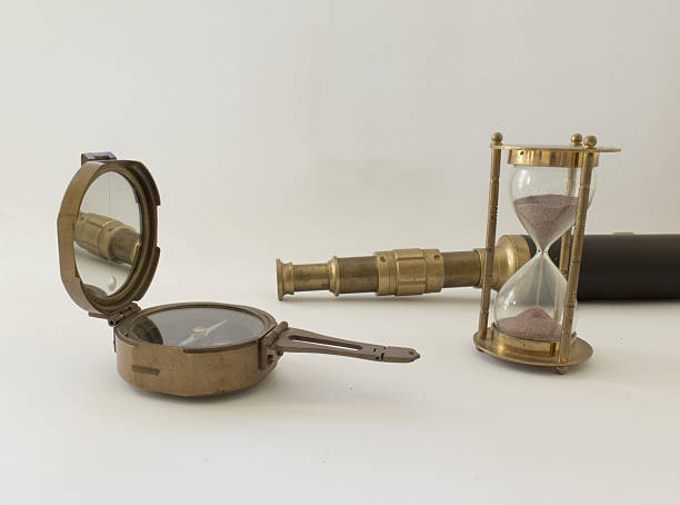 istock Background about travel, adventures with a telescope and compass 636964586