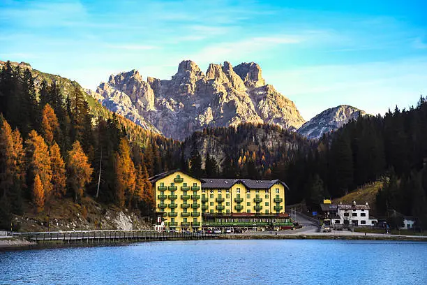 Lake Misurina and Tre Cime di Lavaredo in Dolomiti, part of European Alps in Italy.