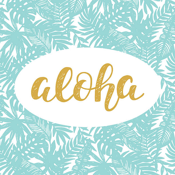 Aloha Summer lettering Aloha Summer lettering. Vector illustration, card, poster, banner, brochure design in golden and green colors, modern art aloha single word stock illustrations