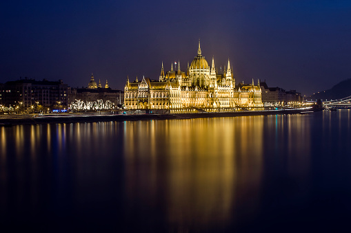 Budapest at dusk with Hungarian Parliament Building photographed from Margaret Bridge on Danube river.