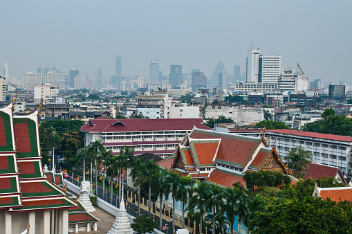 Bangkok, Thailand - November 7, 2010: Panorama of the city with traditional and modern architecture from the Golden Mount.