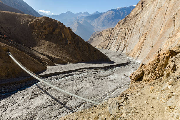 istock suspension bridge across mountain river, Himalayas, Nepal 636977068
