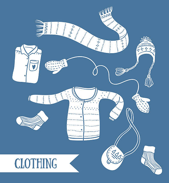 симпатичные �вектор коллекции ручной одежды изолированы на синем фоне. - autumn glove clothing sewing stock illustrations