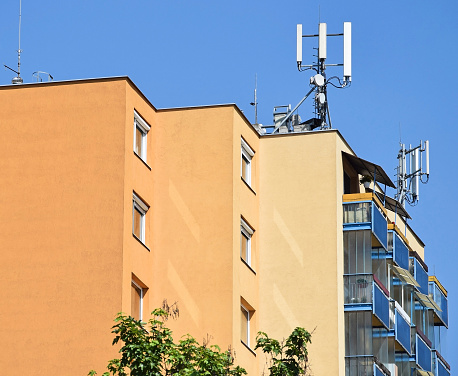 Apartment building with antennas on the top