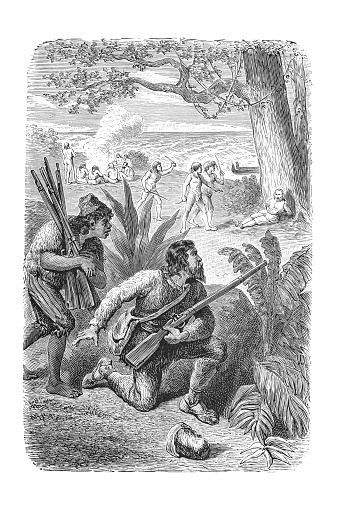 Steel engraving of Robinson Crusoe observing with friday aboriginals arriving at island