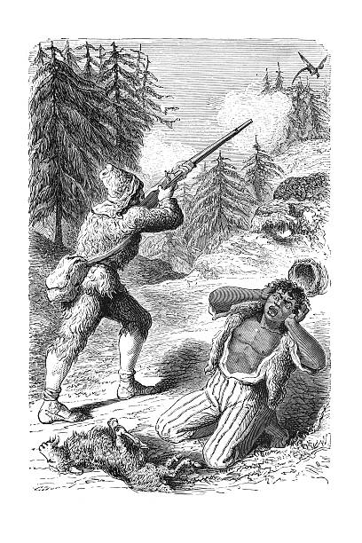 Steel engraving of Robinson Crusoe hunting with aboriginal friday