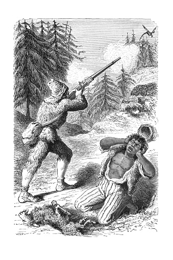 Steel engraving of Robinson Crusoe hunting with aboriginal friday