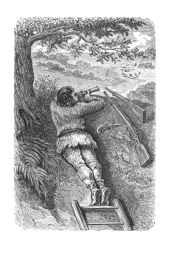 Steel engraving of Robinson Crusoe observing aboriginals arriving on the island 