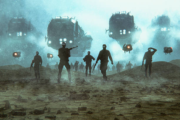 Futuristic military invasion at night