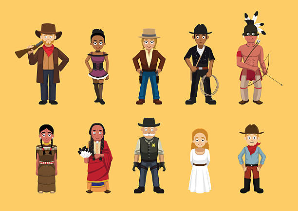 ilustrações de stock, clip art, desenhos animados e ícones de western wild west cute cartoon characters set - cowboy hat hat wild west black