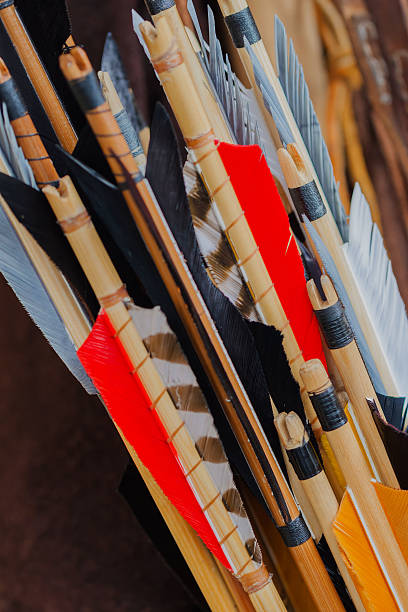 istock Closeup old set of Medieval arrows with bright plumage 636990222