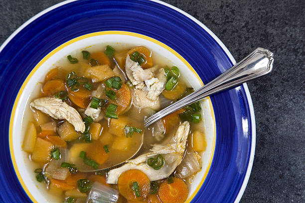 istock Chicken soup in a white and blue bowl 636992856