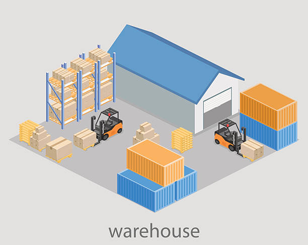 Isometric flat 3D concept vector warehouse outside Isometric flat 3D concept vector warehouse outside. The boxes are on the shelves. stacking food containers stock illustrations