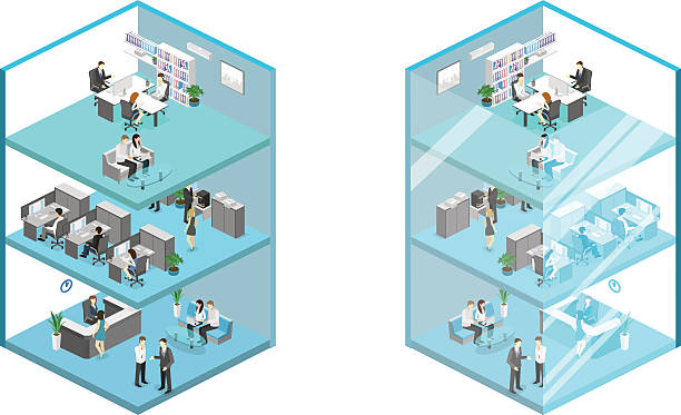 ilustrações, clipart, desenhos animados e ícones de escritórios de escritório 3d abstratos isométricos - office isometric built structure inside of