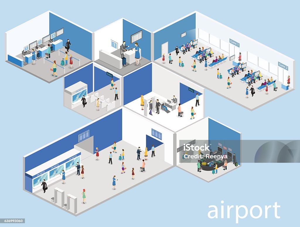 Isometric flat 3D concept vector interior of airport Isometric flat 3D concept vector interior of airport check-in, waiting hall, Security gates, ticket office, baggage carousel Isometric Projection stock vector