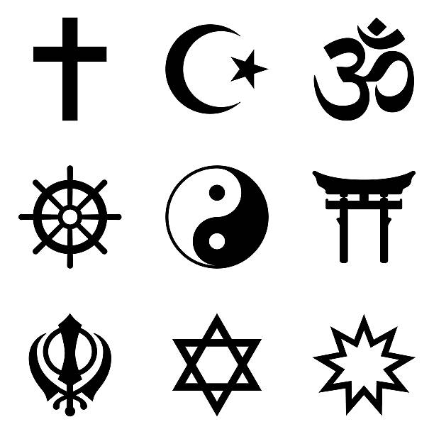 illustrazioni stock, clip art, cartoni animati e icone di tendenza di nove simboli delle religioni mondiali e dei principali gruppi religiosi - khanda