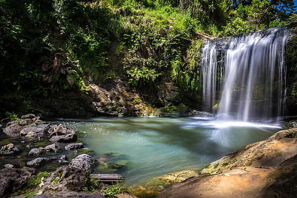 Long Exposure of Oakley Creek Waterfall on a bright Summers Day, Auckland, New Zealand - Side View