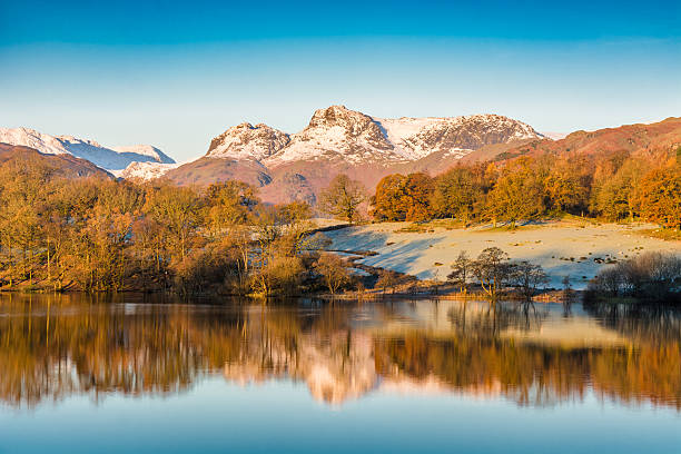 Loughrigg Tarn, Lake District, UK. Snowcapped mountains in the Lake District with blue sky and reflections. langdale pikes stock pictures, royalty-free photos & images