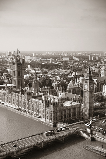Houses of Parliament from Westminster Bridge; London; England; UK in Black and White Sepia Tone