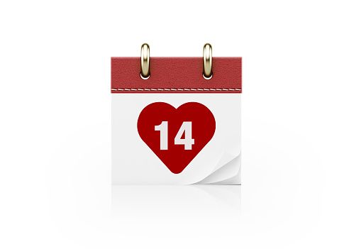 Realistic red leather calendar showing Valentine`s Day day which is 14th of February.  February 14 is written with bold text on calendar in a heart shape. Calendar is isolated on white background. Clipping path of calendar is included. Great use as an icon and Valentine`s Day, romance and love related concepts. Horizontal composition with copy space.