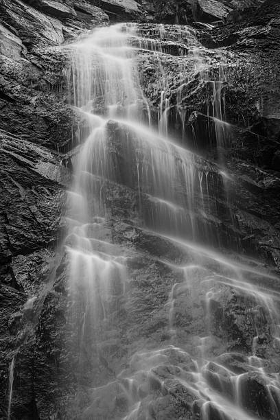 A long exposure photograph of a vail of water flowing the rocks of a waterfall