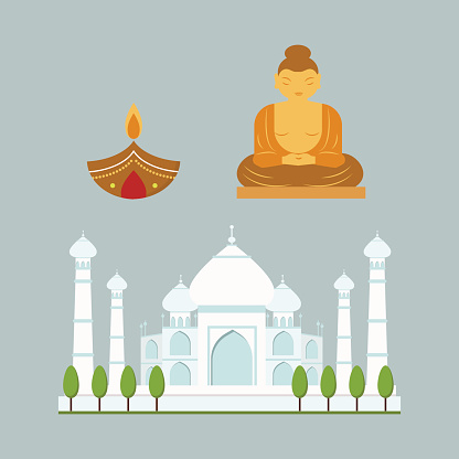 India landmark travel vector icons collection. Culture sign design historic hinduism elements. Modern tradition beautiful travel time symbols.
