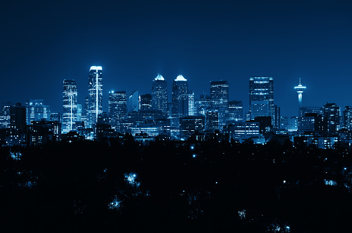 Calgary downtown in Alberta at night, Canada.